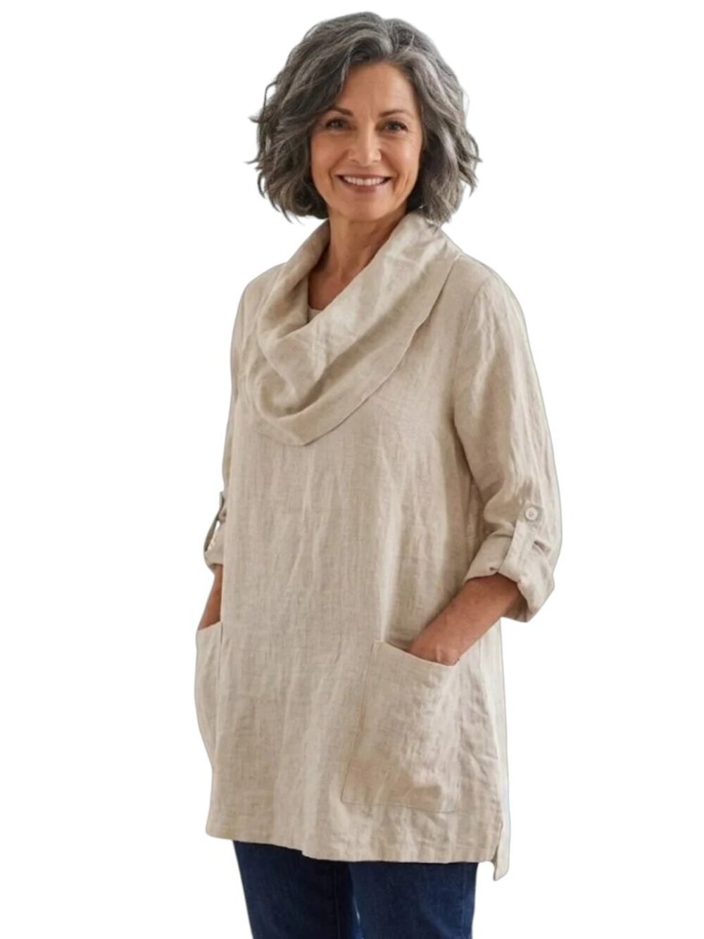 Ali Miles Linen Oversized Cowl Neck 3/4 Sleeve Pockets Tunic Top Shirt Blouse S